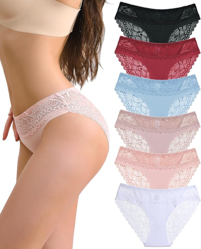 Sexy Underwear for Women Cute Lace Cheeky Bikini Panties Ladies No Show Silky Hipster 6 Pack