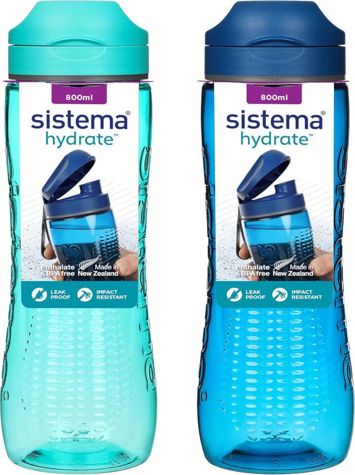 Sistema Active Sports Water Bottles | 800 ml | Leakproof Kids Water Bottles | Impact-Resistant Tritan Plastic | BPA-Free | Ocean Blue & Minty Teal | 2 Count