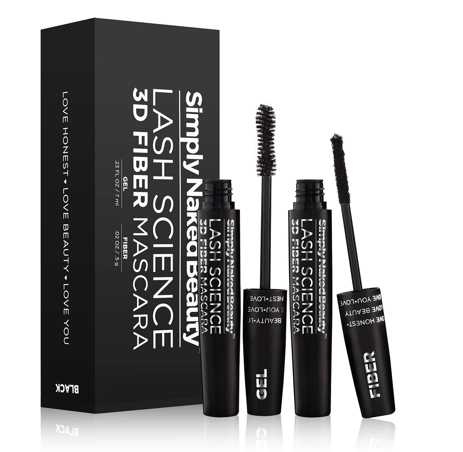 3D Fiber Lash Mascara Kit (2 tubes) by Simply Naked Beauty. Waterproof, lengthening voluminous, on lashes all day. Best and highest rated 3D and 4D gel and fiber formula. Non toxic, hypoallergenic, Natural. Black. One Gel Tube and One Fiber Tube included in this kit.