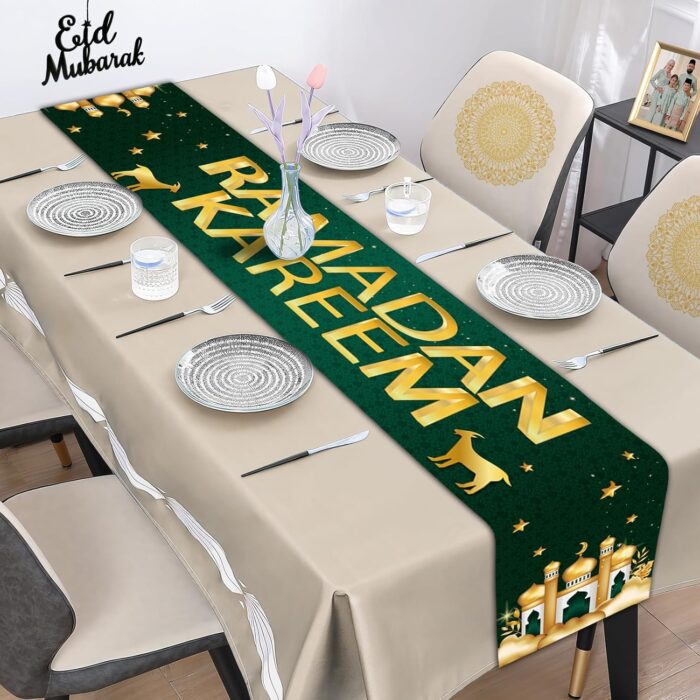 Ramadan Kareem Table Runner, Ramadan Decorations for Home Table Green Gold Table Runner Ramadan Table Decoration Ramadan Mosque Table Runner for Islamic Happy Ramadan Mubarak Party Supplies, 13x72Inch