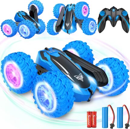 KKONES Remote Control car,2.4GHz Electric Race Stunt Car,Double Sided 360° Rolling Rotating Rotation, LED Headlights RC 4WD High Speed Off Road for 3 4 5 6 7 8-12 Year Old Boy Toys (Blue)