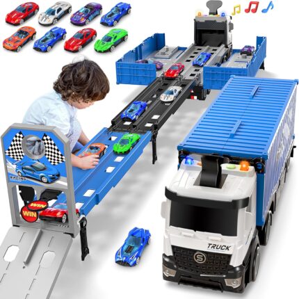 Carrier Truck Race Track Toddlers Toys, Foldable 3 Layer Car Race Track Playset, Toy Truck Transport Car Carrier & 8 Race Cars, Truck Car Kids Toys Xmas Gifts for Age 3 4 5 6+ Years Old Boys Girls