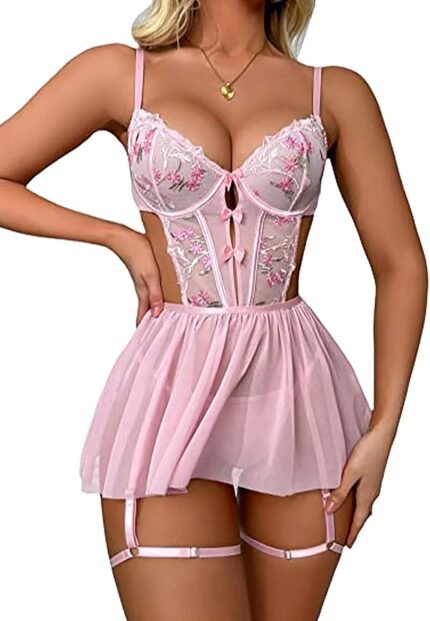 Women Sexy Lingerie Mesh Babydoll Sleepwear V Neck Underwire Chemise Strap Nightgown Nightdress