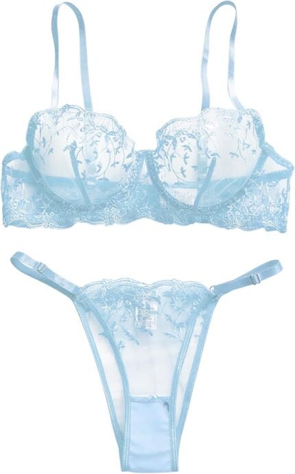 Lilosy Sexy Floral Embroidered Mesh Women Underwire Push Up Lingerie Set