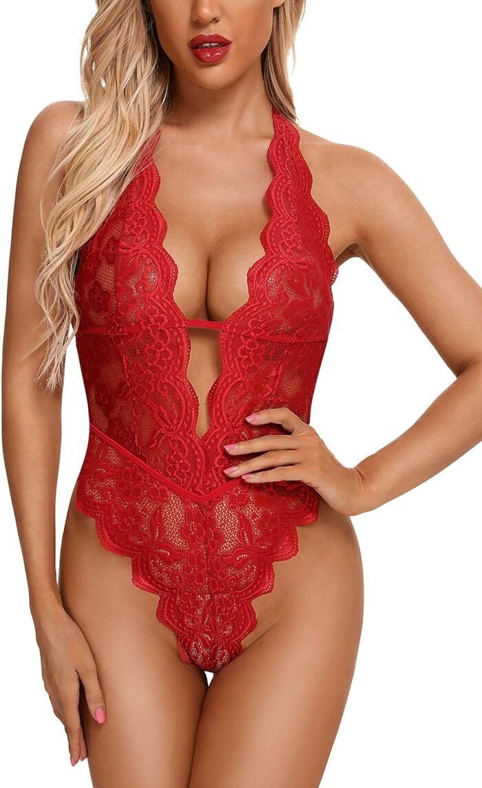 Aranmei Sexy Lingerie for Women Hollow Out Floral Lace Bodysuit One Piece Lingerie Deep V Teddy Babydoll Underwear