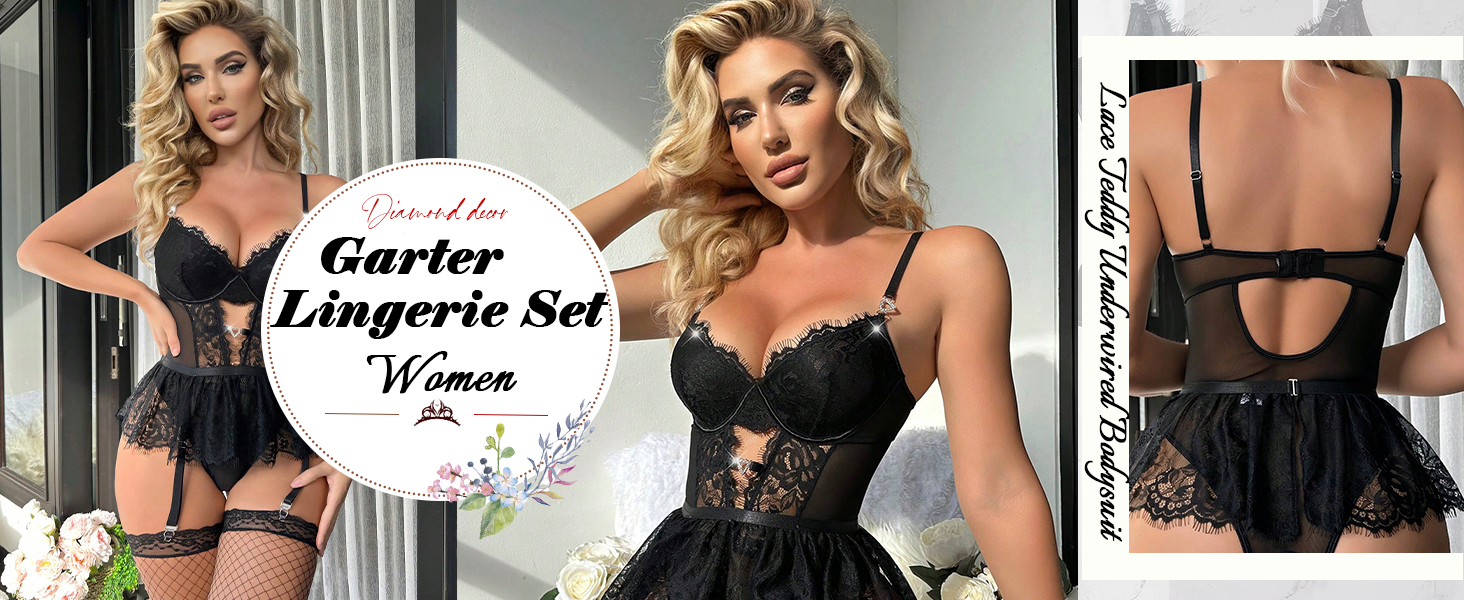 Teddy Lingerie for Women Floral Lace Bodysuit Scallop Trim One Piece Babydoll