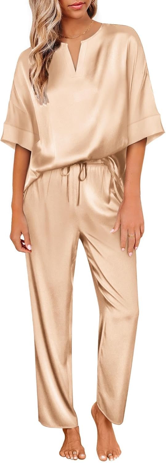 Ekouaer Satin Pajama Set Womens Silk Short Sleeve V Neck Shirt with Long Pant Soft Loungewear Pjs Set Ekouaer Satin Pajama Set Womens Silk Short Sleeve V Neck Shirt with Long Pant Soft Loungewear Pjs Set