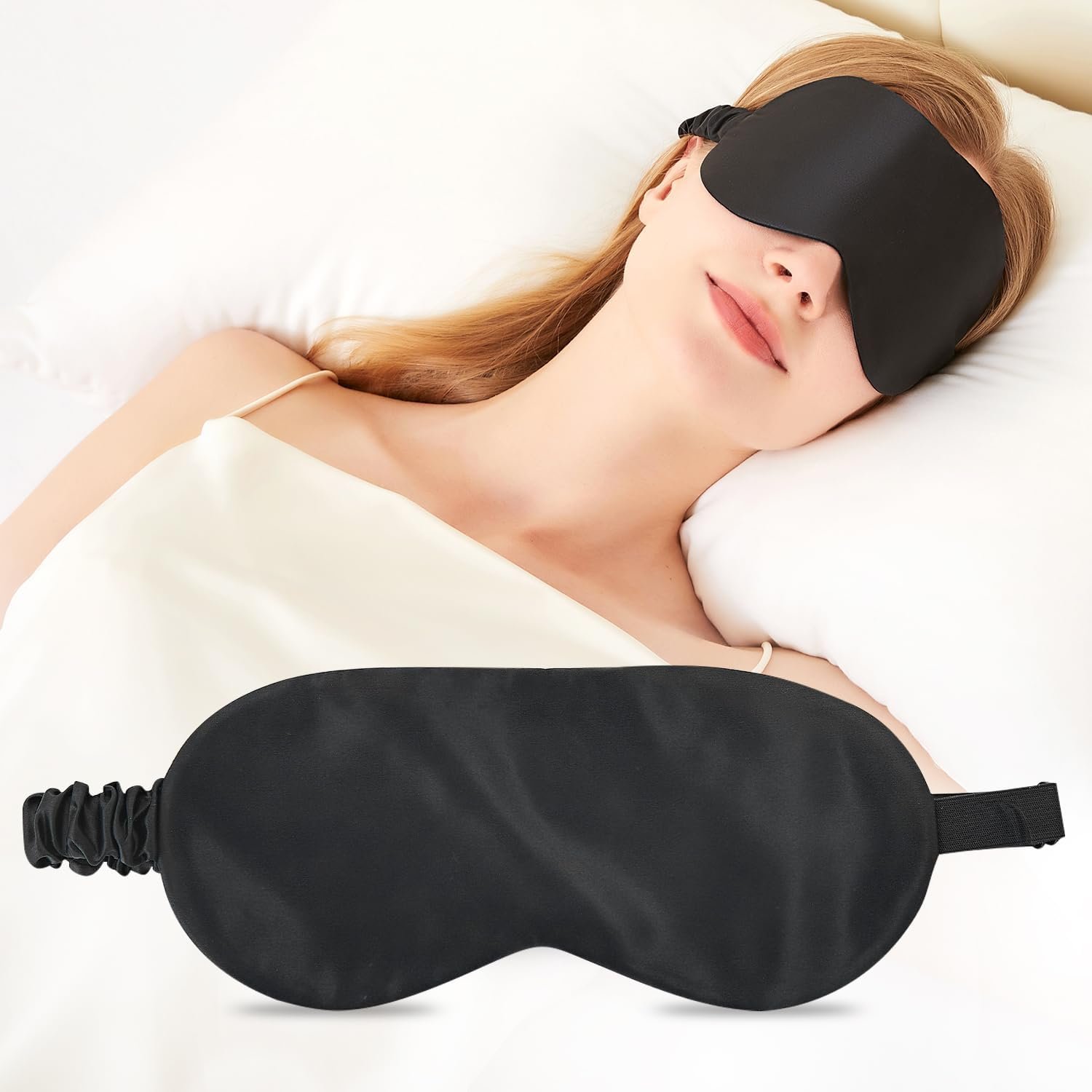 Silk Sleep Mask, Silk Sleeping Mask for Men Women, 100% Mulberry Silk Blindfold, Zero Eye Pressure Thin Eye Mask, Great for Side, Stomach, or Back Sleepers, Adjustable Strap – Black