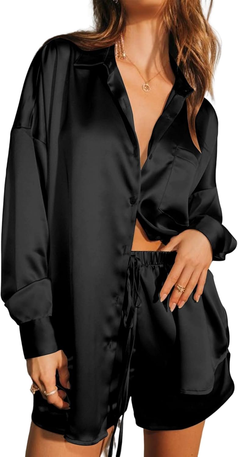 Ekouaer Womens 2 Piece Satin Pajama Set Long Sleeve PJs Sets Button Down Lounge Sets Soft Sleepwear Set Ekouaer Womens 2 Piece Satin Pajama Set Long Sleeve PJs Sets Button Down Lounge Sets Soft Sleepwear Set