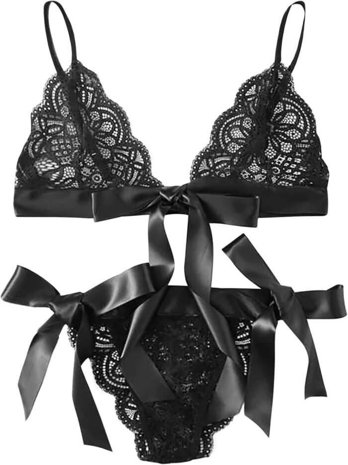 Women’s Self Tie Lingerie Set Sheer Lace Spaghetti Strap Bra and Panty 2 Piece
