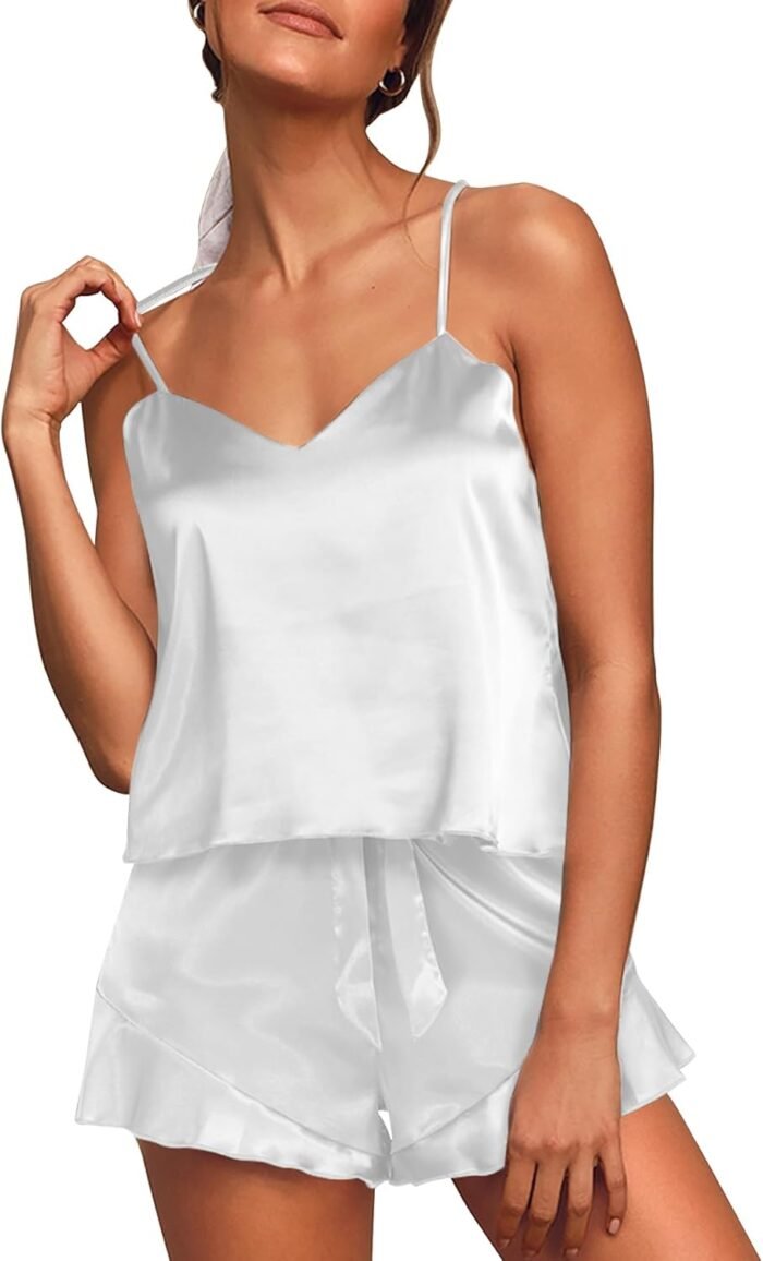 Aamikast Womens Silk Satin Pajama Sets Sexy Cami Ruffled Shorts Sets 2 Piece Pjs Sleepwear