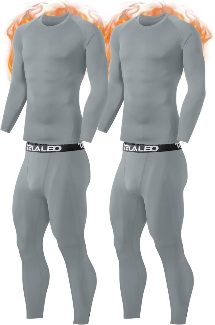 TELALEO 2 Set Mens Thermal Underwear Fleece Lined Long Johns 4 Pcs Base Layer Shirts Pant for Cold Winter Weather