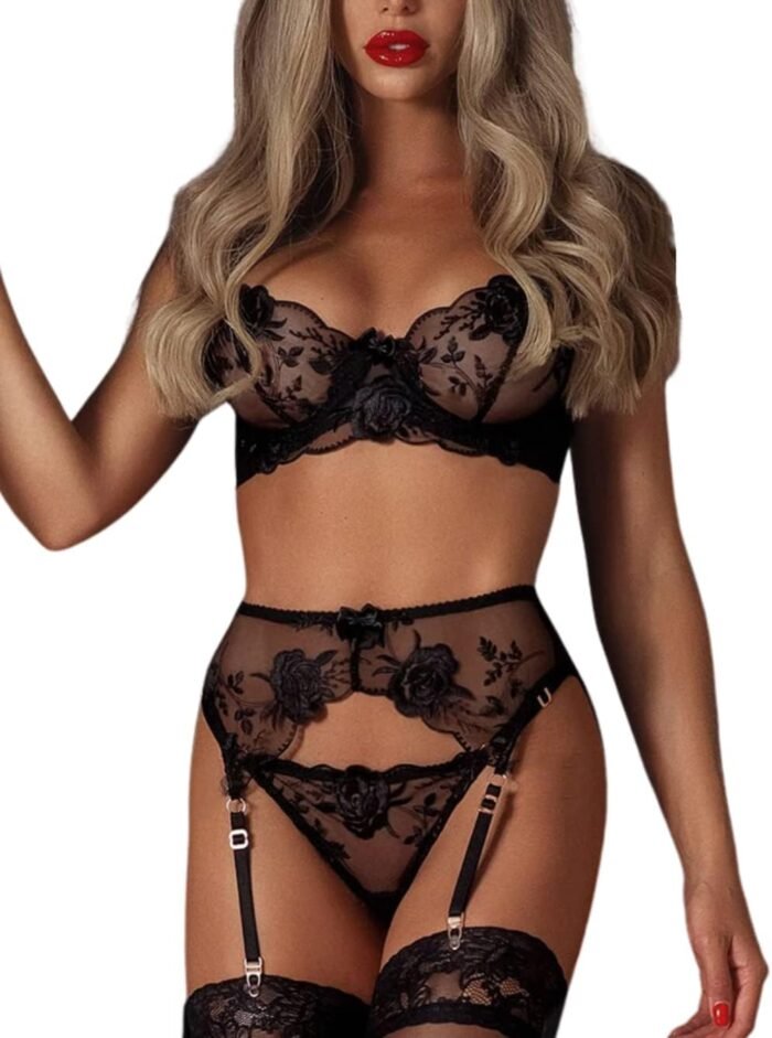 Kaei&Shi Floral Embroidered Mesh Sheer,Underwire Satin Bow,High Cut Thong,Belt Garter Lingerie
