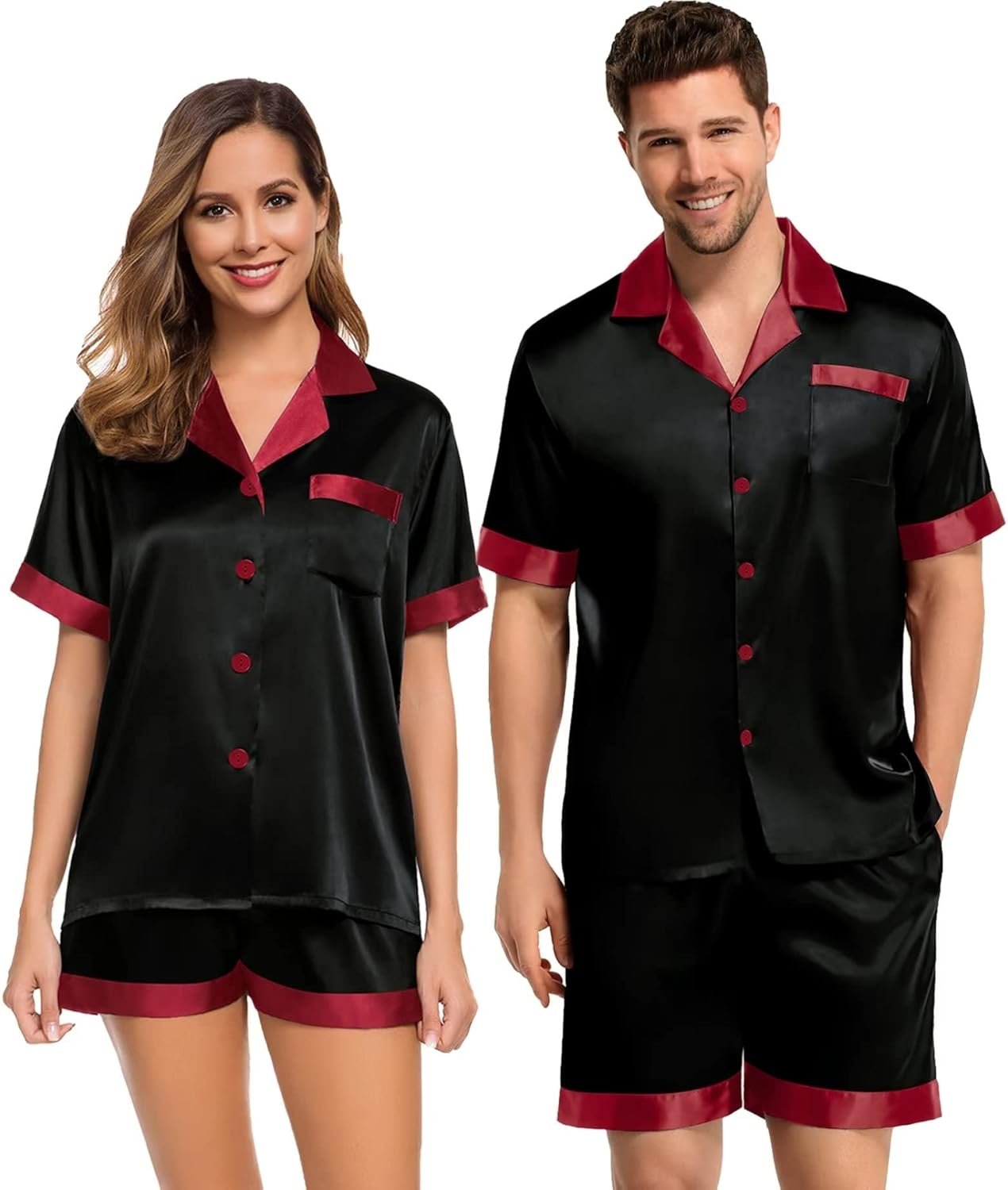 SWOMOG Couples Pajama Set Women & Men Silk Satin Short Sleeve Set Top and Shorts Sleepwear Soft Button-Down Loungewear