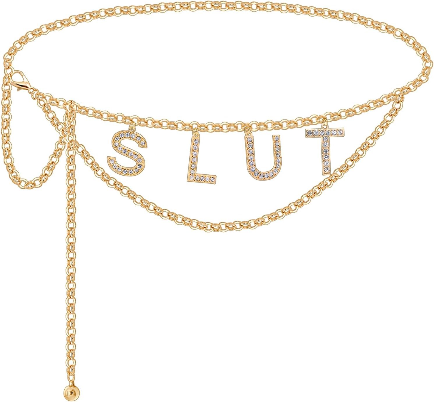 Women Metal Link Waist Chain Belt Sexy Rhinestone Letter Layer Belly Jewelry Body Chain for Dress