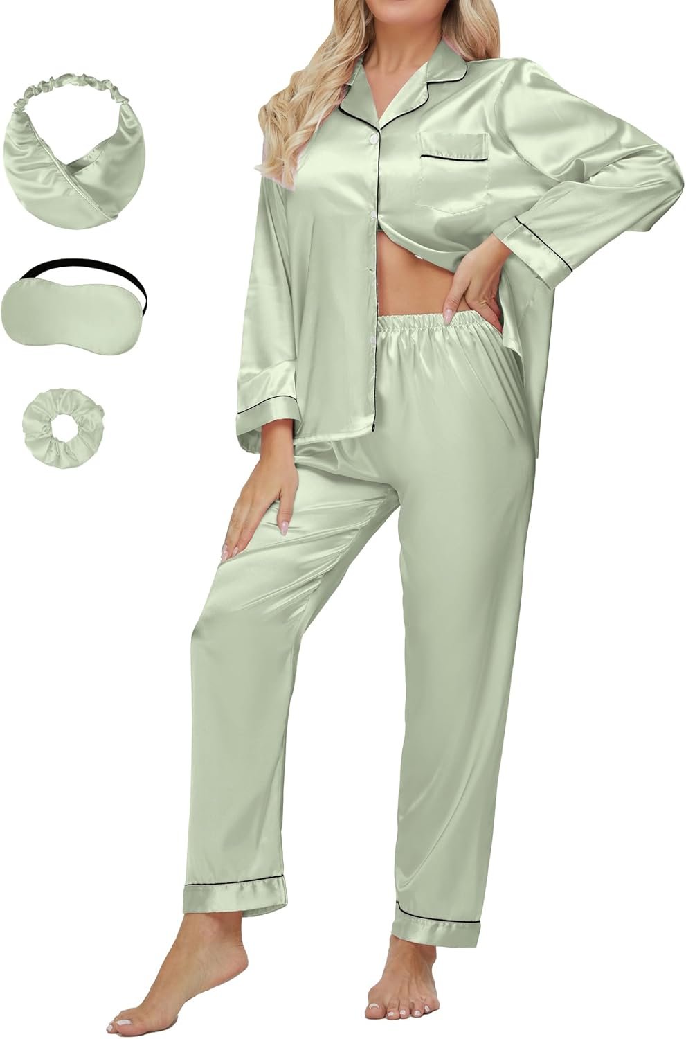 DOLOS Satin Pajama Set for Women Silky Pjs 2 Piece Classic Button Down Sleepwear with Eye Mask Hair Tie Headband