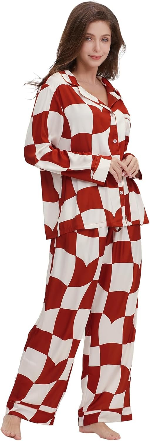 Womens Silk Satin Pajamas Set Button Down 2 Piece Pjs Long Sleeve Oversized Sleepwear with Pockets Womens Silk Satin Pajamas Set Button Down 2 Piece Pjs Long Sleeve Oversized Sleepwear with Pockets