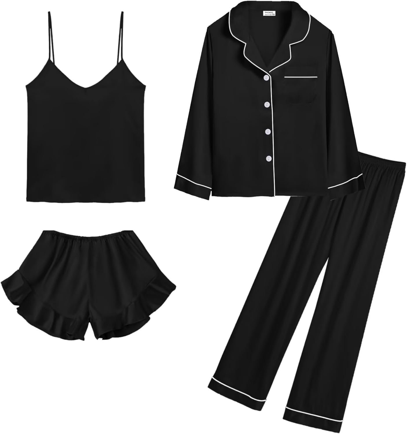 SWOMOG Womens Silk Satin Pajamas Sets 4pcs Loungewear Sexy Cami Shorts Set Button Down Long Sleeve Pjs Sleepwear