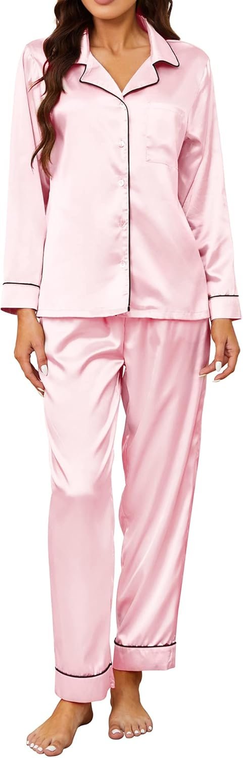 U2SKIIN Women Silk Pajamas Set, Long Sleeve Satin Pajamas for Women Sleepwear Button Down Pjs Set Two-piece