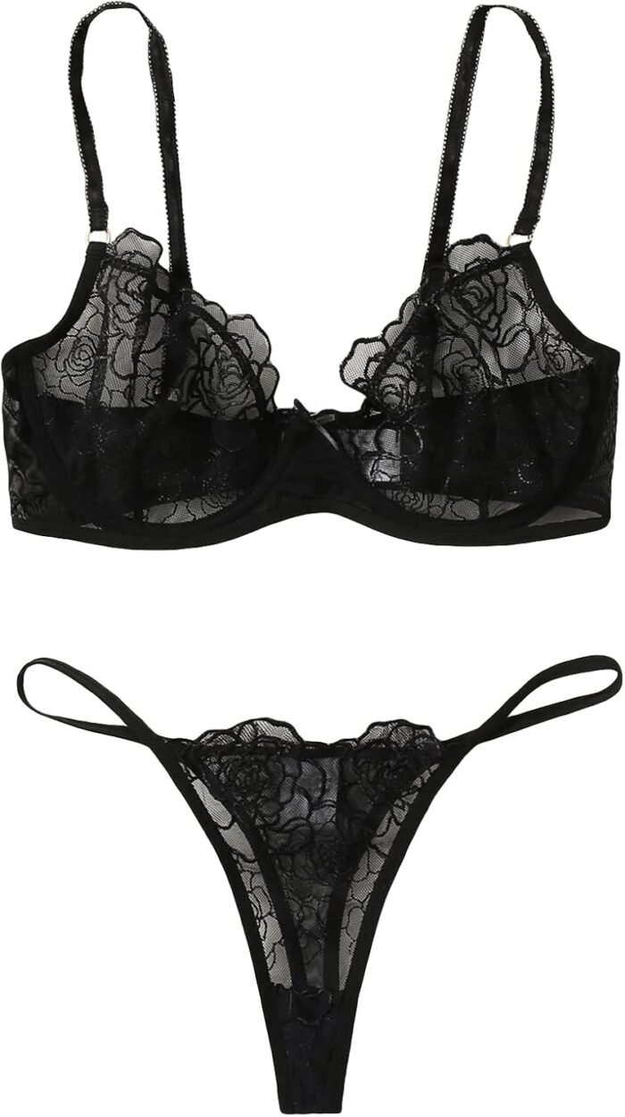 SOLY HUX Women’s Embroidery Floral Mesh Sheer Underwire Lingerie Bra and Panty Set