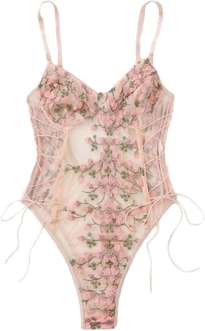 Lilosy Women Sexy Lace Up Floral Embroidered Teddy Lingerie Bodysuit Top Mesh Sheer One Piece