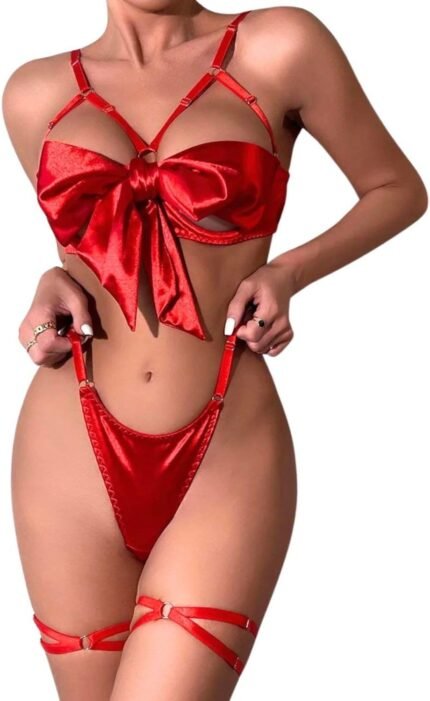 Women Sexy Satin Bow Lingerie Unwrap Me Naughty Lingerie 3 Piece Cute Bra and Panty Sets Ladies Valentines Outfit