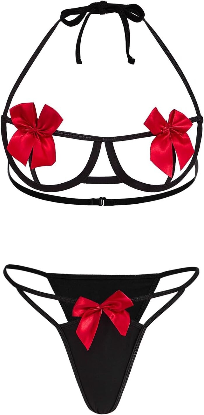 SOLY HUX Women’s Two Piece Underwire Lingerie Set Bow Knot Cut Out Halter Bra and Panty Sleepwear