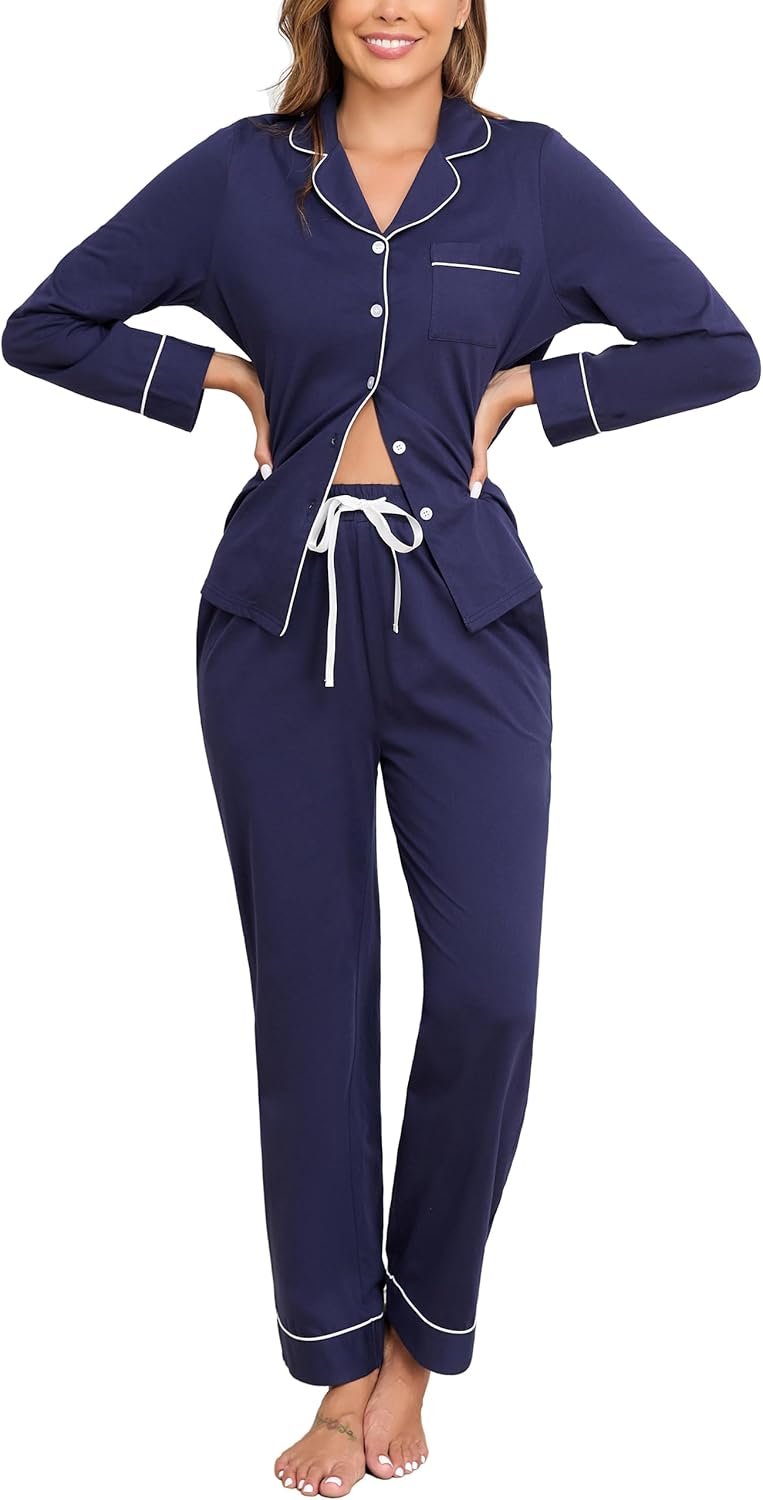 Veseacky 100% Cotton Pajamas for Women Set Long Sleeve Button Down Sleepwear Soft Pjs Lounge Sets with Pockets S-XXL Veseacky 100% Cotton Pajamas for Women Set Long Sleeve Button Down Sleepwear Soft Pjs Lounge Sets with Pockets S-XXL