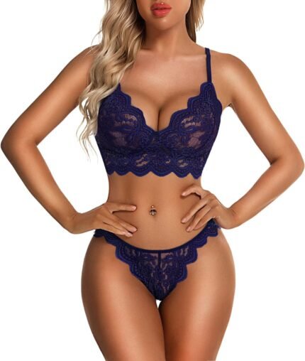 Donnalla Sexy Lingerie for Women Super Stretchy Lace Bra and Panty Set Two Piece Sheer Bralette