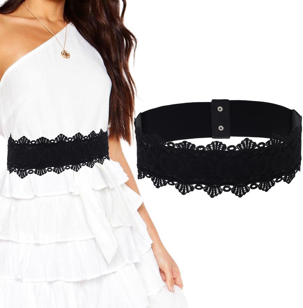 Urieo Lace Stretchy Cinch Belt Black Elastic Corset Belts Wide Stretch Halloween Costume Dress Dresses Waist Belt for Women