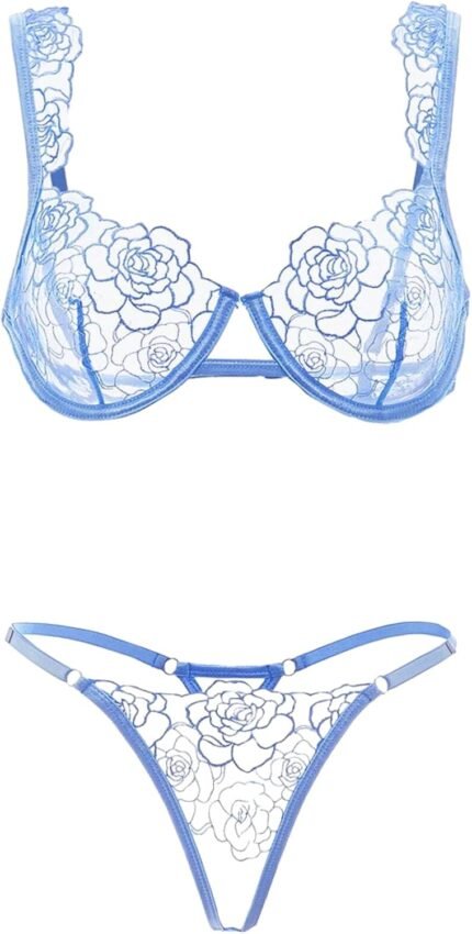 Lilosy Women Sexy Floral Embroidered Mesh Sheer Underwire Push Up Lingerie Set