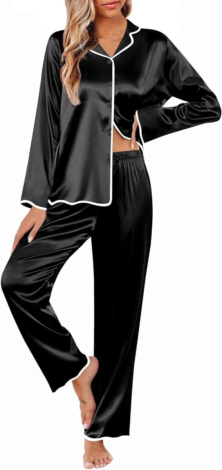 Ekouaer Silk Pajamas Set Long Sleeve Satin Pajama Sets 2 Pieces Button Down Pjs Ruffle Hems Pj Sets for Women