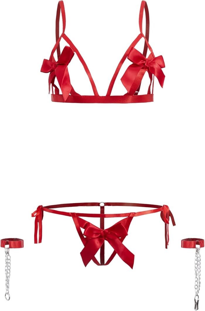 SOLY HUX Women’s 3 Piece Set Sexy Bow Front Cut-out Lingerie Set With 1 pair Hand Ring