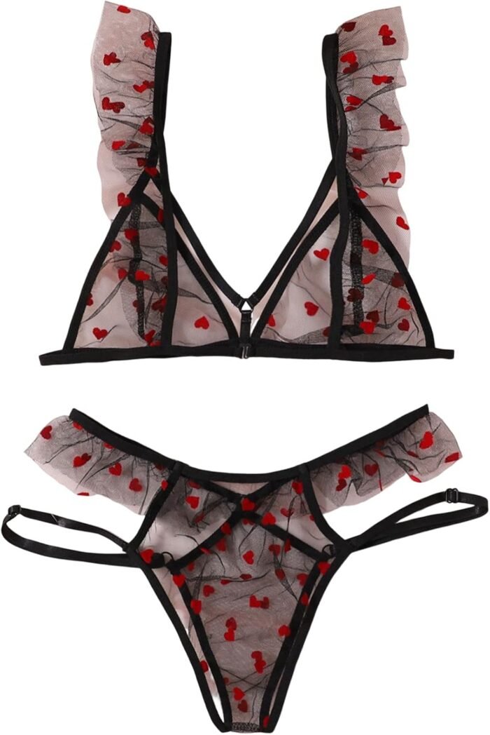SOLY HUX Women’s Sexy Sheer Mesh Lingerie Set See Through Lace Bra and Panty Set Valentines Day Lingerie 2 Piece