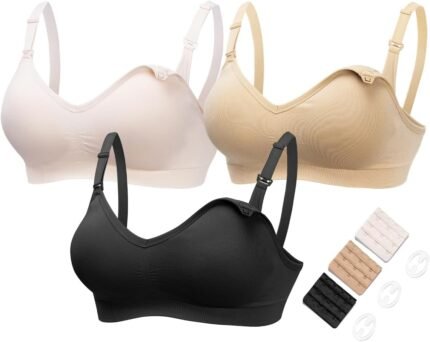HOFISH Maternity Nursing Bras for Breastfeeding, 3 Pack Pregnancy Deep V Neck Wireless Bra with Extenders & Clips