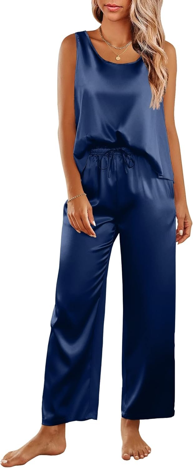 Ekouaer Womens Satin Pajamas Set Back Split Top and Long Pant Silk Pj Set Tank Sleepwear S-XXL