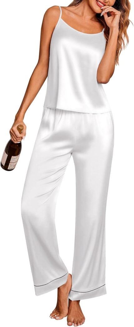 Ekouaer Women Silk Satin Pajamas Sleeveless Pjs Set 2 Piece Summer Loungewear Sleepwear with Pockets S-XXL