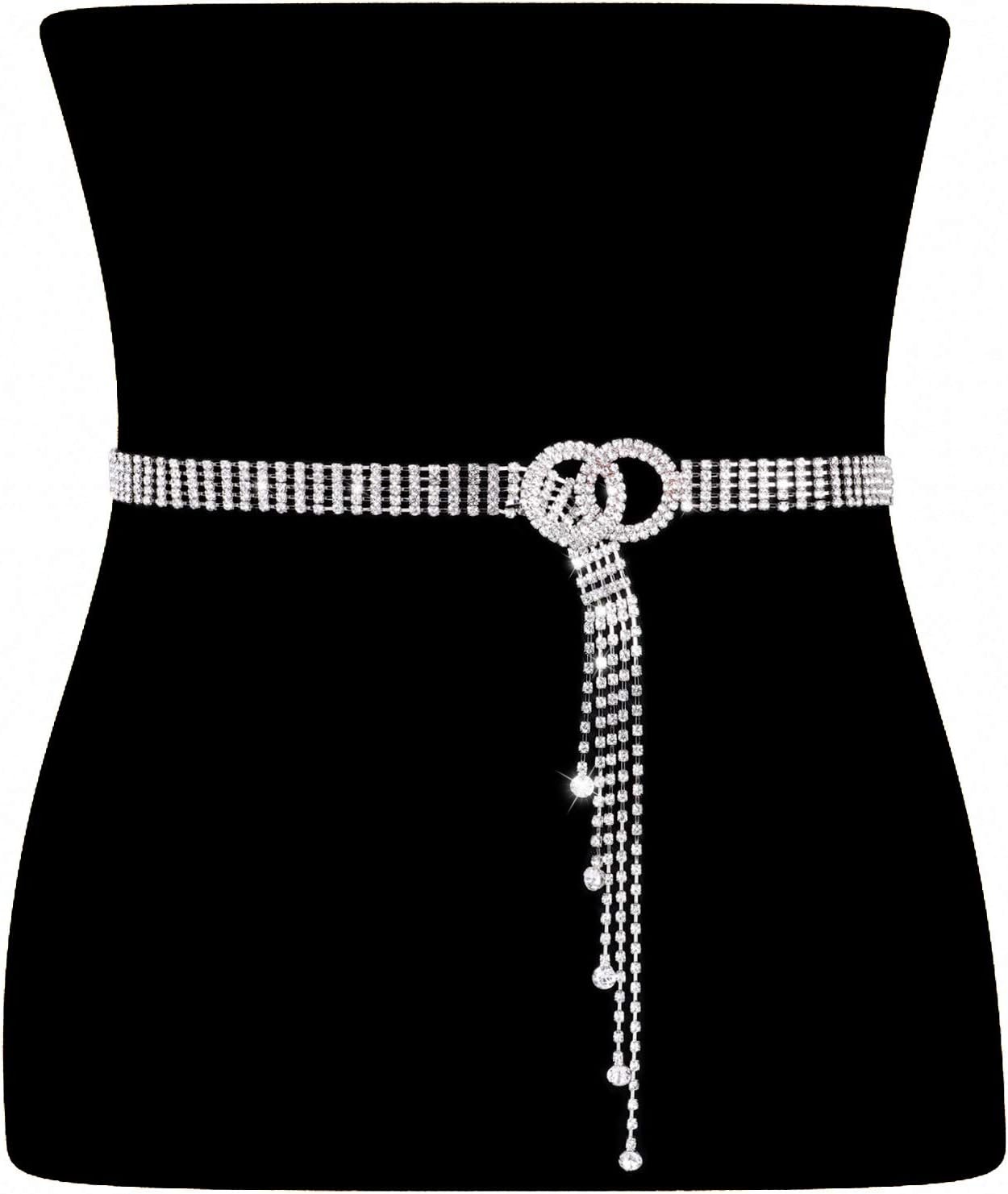 WHIPPY Women Rhinestone Belt Silver Shiny Diamond Fashion Crystal Ladies Double O-Ring Waist Belt for Jeans Dressesby