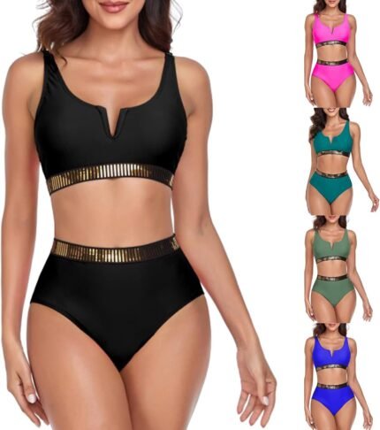 High Waisted Bathing Suits Sexy Sequin Waist V Neck Slimming Tankini Swimsuits Resort Wear for Women 2025 Trending