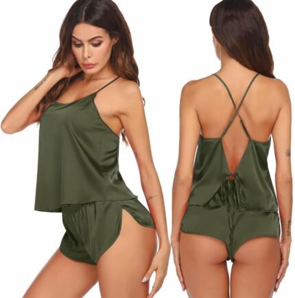 Ekouaer Silk Pajamas Set for Women Satin Backless Lingerie Pjs Cami Top and Shorts Nightwear