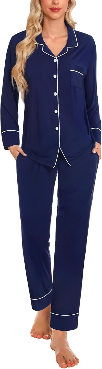 SWOMOG Womens Pajama Set Long Sleeve Button Down Sleepwear Soft Pj Loungewear with Pockets 2 Piece Nightwear