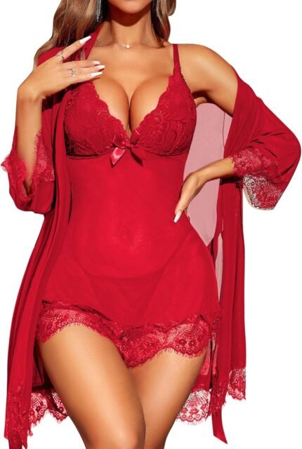 RSLOVE Women Sexy Lingerie Set 3 Piece Babydoll & Lace Kimono Robe Strap Chemise Sleepwear Mesh Nightgown