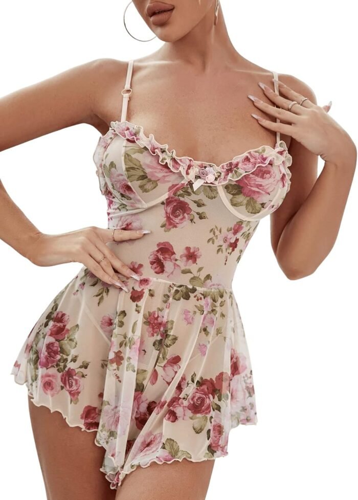 OYOANGLE Women’s Floral Sheer Mesh Babydoll Lingerie Sleepwear Nightgown Sleep Romper