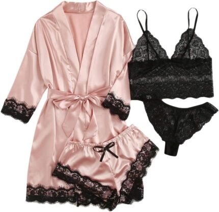 SOLY HUX Women’s Satin Pajama Set 4pcs Floral Lace Trim Cami Lingerie Sleepwear with Robe