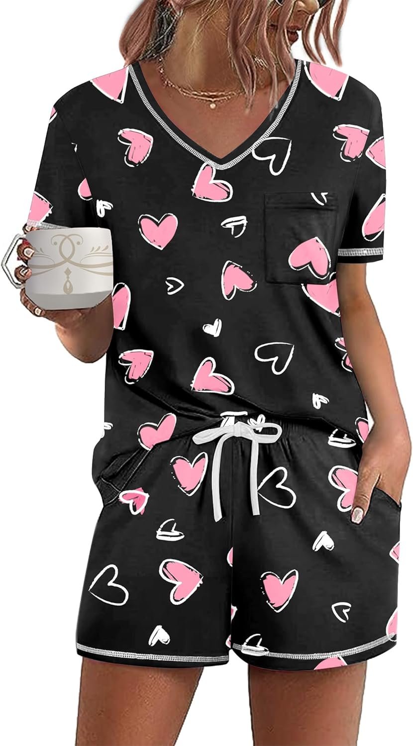 Ekouaer Women’s Pajamas Sets Short Sleeve Lounge Sets Sleepwear Casual Two Piece Pjs With Pockets