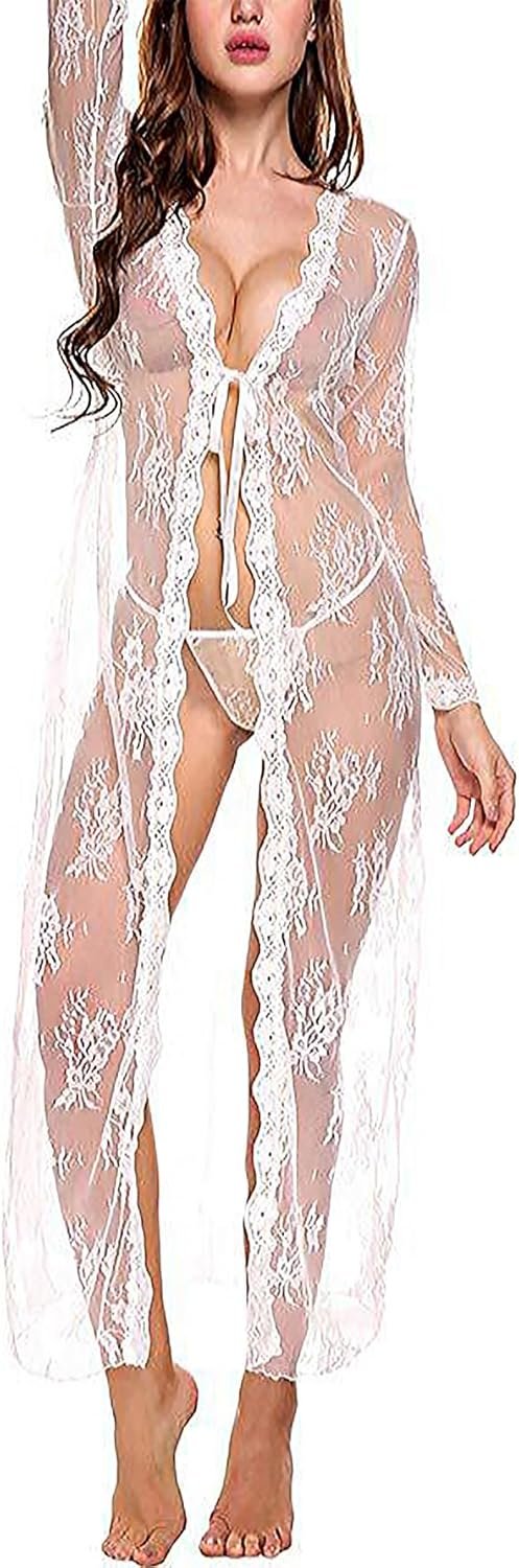 Women Sexy Robe Lace Sheer Long Kimono Nightgown Lingerie with G-string