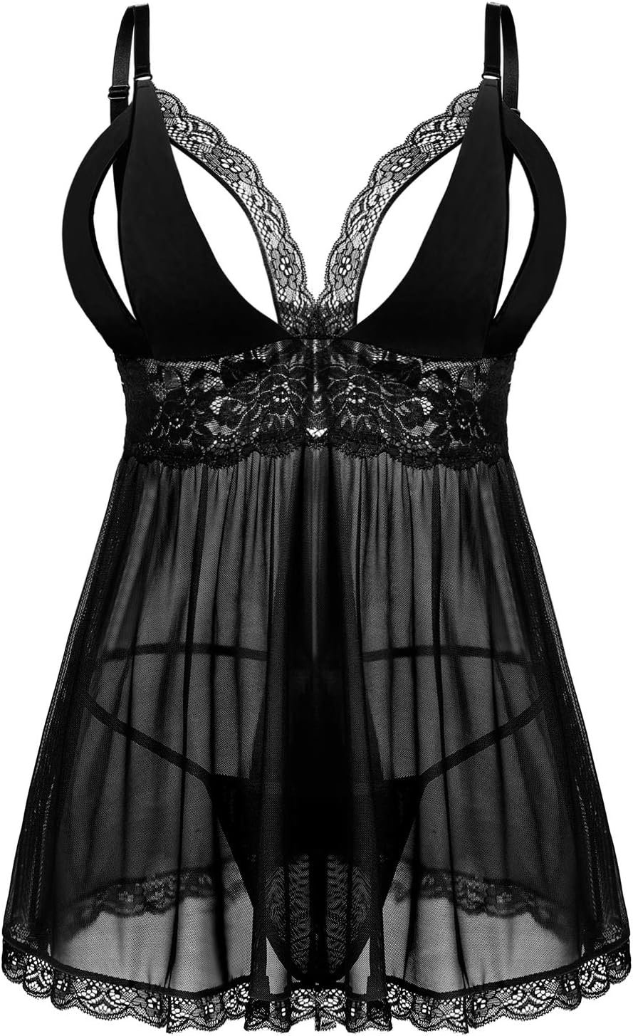 Donnalla Women Plus Size Lingerie – Sexy Split Cup Lace Babydoll Sleepwear Chemise Set 2XL,3XL,4XL Donnalla Women Plus Size Lingerie – Sexy Split Cup Lace Babydoll Sleepwear Chemise Set 2XL,3XL,4XL