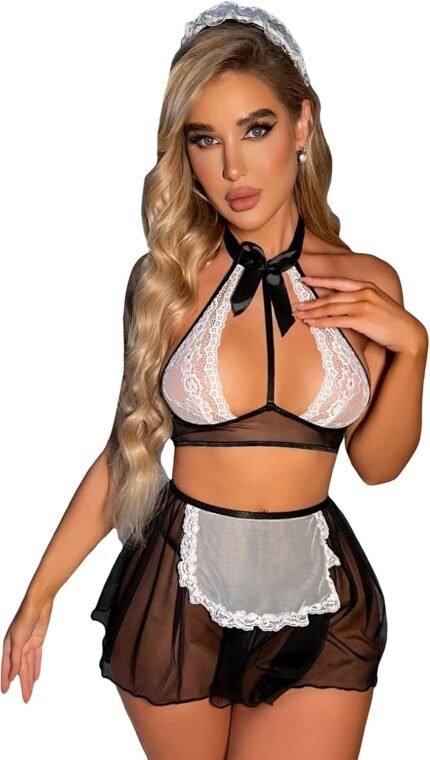 OYOANGLE Women’s 4 Pack French Maid Costume Cosplay Halter Lingerie Set Cut Out Mesh Lace Teddy Babydoll