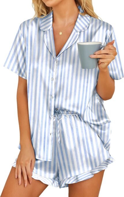 HOTOUCH Womens Satin Pajamas Set Button Down 2 Piece Silk Pjs Shorts Set Ruffle Lingerie Notch Collar Sleepwear