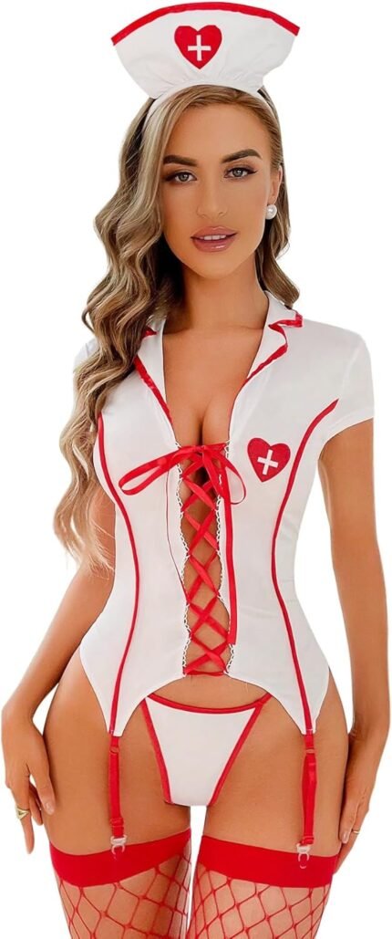 Nurse Costume Sexy Halloween Costumes for Women Cosplay Sexy Nurse Lingerie Set with Headband and Stockings